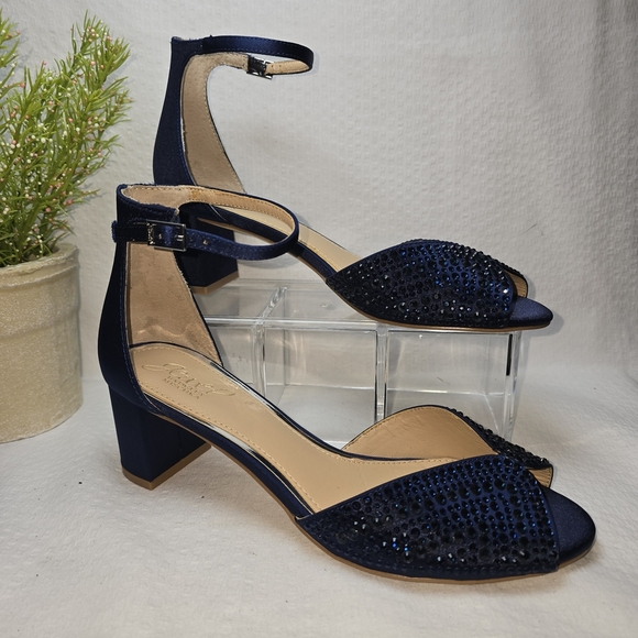 JEWEL BADGLEY MISCHKA NAVY RHINESTONE PEEP TOE ANKLE STRAP BLOCK HEEL 8 - Picture 5 of 15